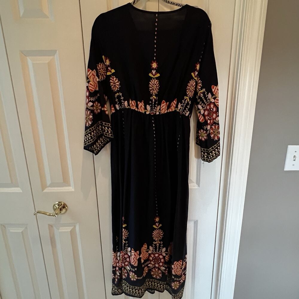 💞 Women’s XL Navy Blue Floral Boho Maxi Dress V Neck 3/4 Sleeve Folk Print - Picture 4 of 6